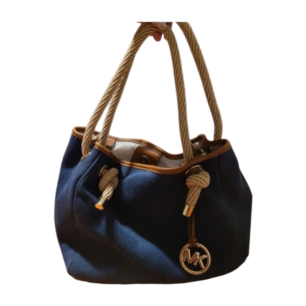 Michael Kors Vintage Navy Blue Rope Handle Slouchy Bag Purse With Gold Hardware